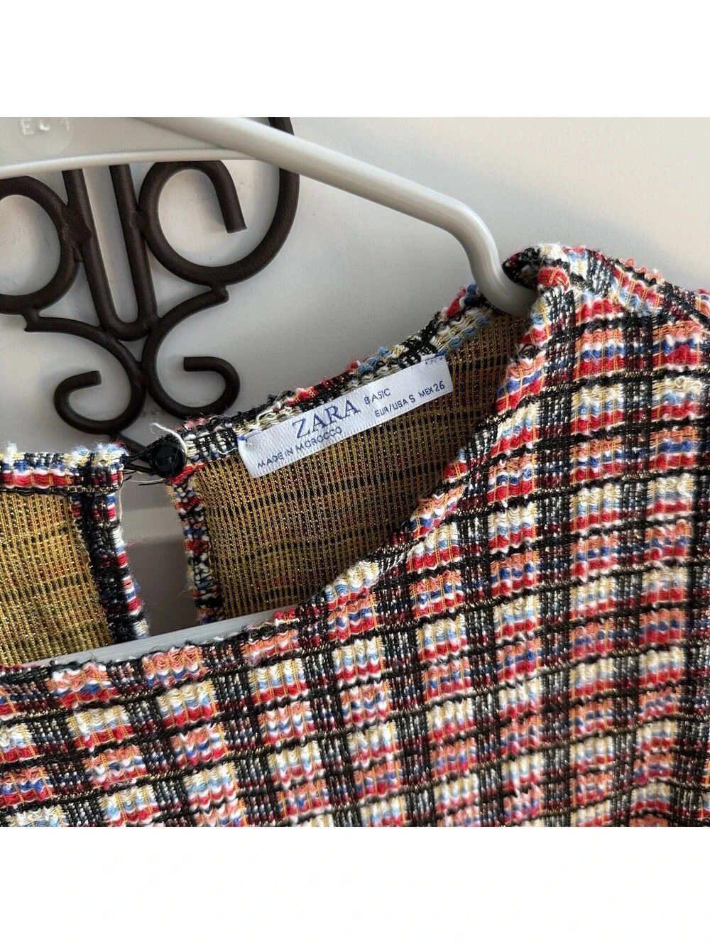 Zara Basic Tweed Shift Dress Womens S Plaid Pearl Button Pockets Sleeveless